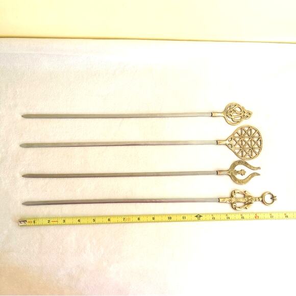 4 Vtg Turkish Greek Brass Steel Kebab Skewers Barbecue Grill Grilling Decorative - Picture 3 of 7